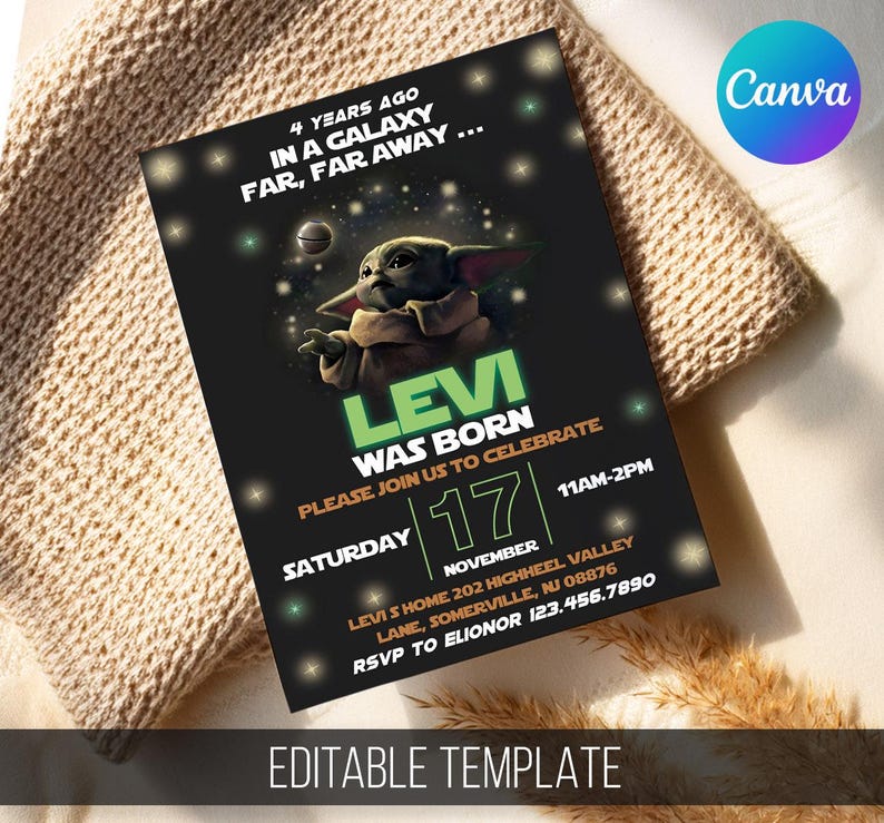May include: Black invitation card with a galaxy theme and a character graphic. The text announces "Levi was born" with event details. The Canva logo is visible. The words "Editable Template" are at the bottom of the card.