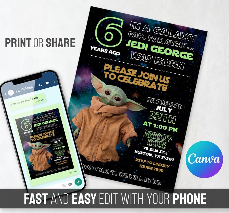 May include: A birthday party invitation featuring a Baby Yoda graphic. The invitation includes the text "In a galaxy far, far away... Jedi George was born." The invitation is on a black background with a galaxy design.