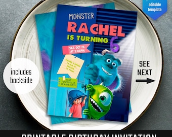 May include: A printable birthday invitation featuring characters from the movie Monsters, Inc. The invitation is blue with the text "Monster Rachel is turning 6". The invitation includes the date, time, and RSVP information. The invitation is on a white plate.