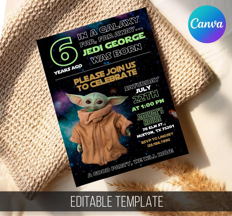 May include: Black invitation with a Baby Yoda graphic, text that reads "In a galaxy far, far away... Jedi George was born." Includes party details: date, time, and location. The invitation is an editable template.