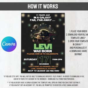 May include: A digital invitation with a Star Wars theme, featuring Grogu and the text "Levi Was Born." The design includes the date, time, and location. Instructions for downloading and personalizing the template are also included.