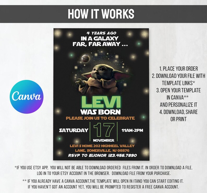 May include: A digital invitation with a Star Wars theme, featuring Grogu and the text "Levi Was Born." The design includes the date, time, and location. Instructions for downloading and personalizing the template are also included.