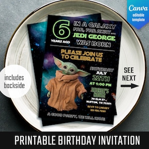 May include: A black and space-themed birthday invitation featuring a green alien character. The invitation includes the text "Jedi George was born" and details for a party on July 22nd. The words "Printable Birthday Invitation" are at the bottom.