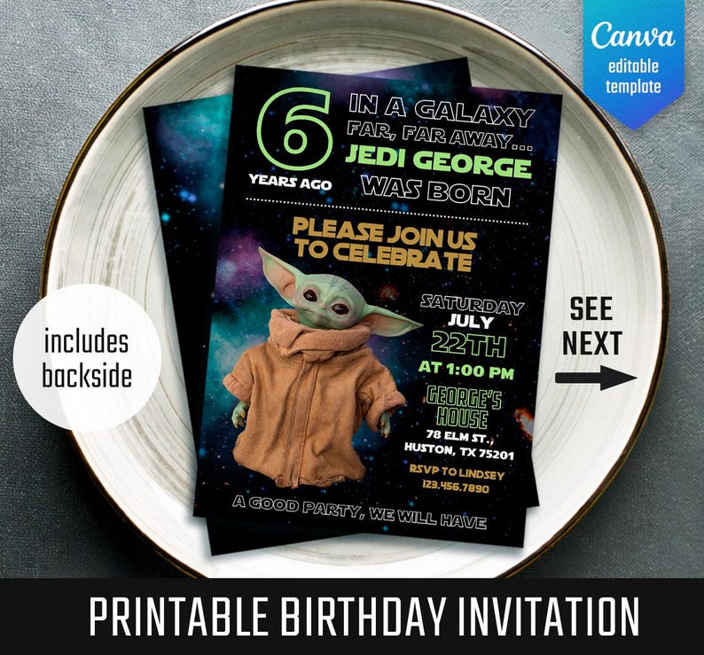 May include: A black and space-themed birthday invitation featuring a green alien character. The invitation includes the text "Jedi George was born" and details for a party on July 22nd. The words "Printable Birthday Invitation" are at the bottom.