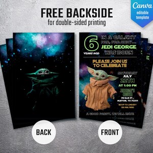 May include: A double-sided invitation with a space theme. The front features a green alien character in a brown coat, with event details. The back shows the alien against a starry background. Text includes "Jedi George was born."