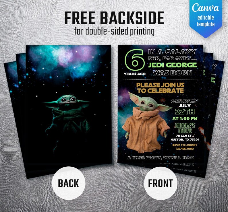 May include: A double-sided invitation with a space theme. The front features a green alien character in a brown coat, with event details. The back shows the alien against a starry background. Text includes "Jedi George was born."