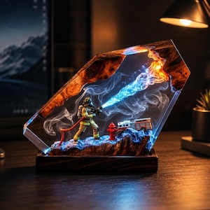 Lampe en résine pompier, veilleuse LED pompier artisanale, cadeau pour secouriste, décoration de bureau pompier, cadeau de départ à la retraite pour pompier