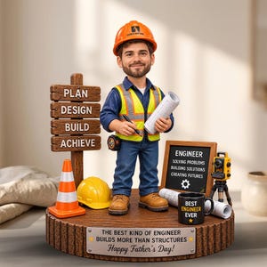 Könnte beinhalten: Eine personalisierte Ingenieur-Wackelfigur mit orangefarbenem Schutzhelm, blauem Hemd und gelber Warnweste. Die Figur hält einen Bauplan und einen Stift und steht auf einem Holzsockel mit der Aufschrift THE BEST KIND OF ENGINEER BUILDS MORE THAN STRUCTURES Happy Father's Day!