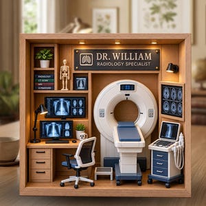 Puede incluir: Un diorama de madera en miniatura de una consulta de radiología con un escáner CT, un escritorio con dos monitores que muestran radiografías, una silla de oficina, un carro médico, un modelo de esqueleto y el letrero DR. WILLIAM RADIOLOGY SPECIALIST.