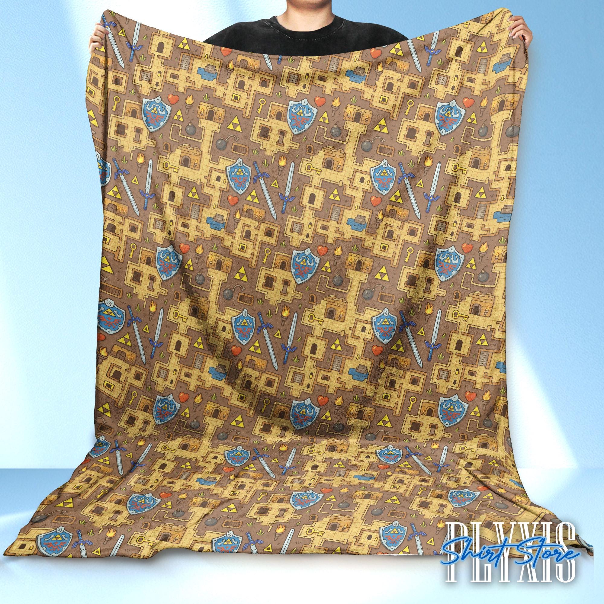 Discover Zelda Map Fleece Blanket -  Master Sword & Hylian Shield Design