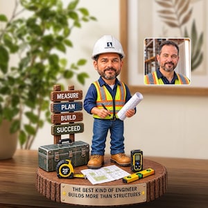 Op de afbeelding: Een gepersonaliseerde bobblehead-figuur van een bebaarde ingenieur met een witte helm, blauw overhemd en neongeel veiligheidsvest. Het figuur houdt een blauwdruk en pen vast en staat op een houten voet met een meetlint, waterpas en gereedschapskist.