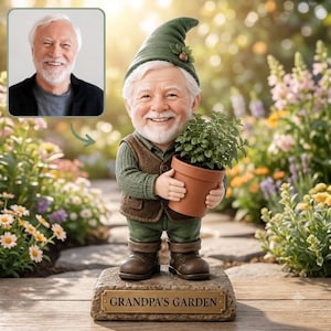 Pode incluir: Uma estatueta de gnomo de jardim representando um homem de barba branca, com chapéu e colete verdes, segurando uma pequena planta em vaso. O gnomo está sobre uma base retangular de pedra com uma placa metálica "GRANDPA'S GARDEN".