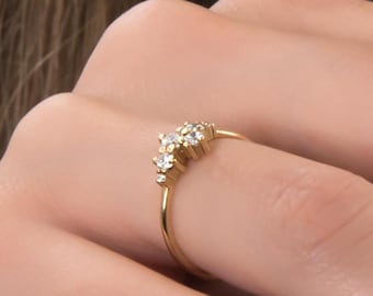 Anello a grappolo in oro massiccio con diamanti, anello di fidanzamento in oro massiccio, fede nuziale in stile vintage, gioielli da sposa delicati, anello di promessa