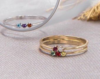 Anillo personalizado de oro de 14 quilates con piedra natal, joyería familiar apilable personalizada.