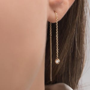 14k Solid Gold Threader Earrings, Dainty Chain Earrings, Hanging Gemstone Solitaire Threaders, Fine Gold Earrings, 14k Gold Chain Earrings