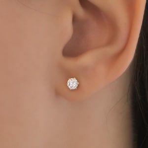 14k Gold Solitaire Diamond Stud Earrings: Single White CZ with Prongs and Post Studs