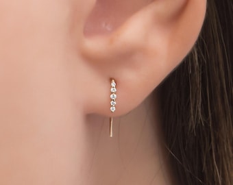 Gemstone Open Hoop Earrings, Solid Gold 14k Arc Earrings, U Shape Hoops, Horseshoe Earrings, Tiny Everyday Gold Rook Earrings with cz