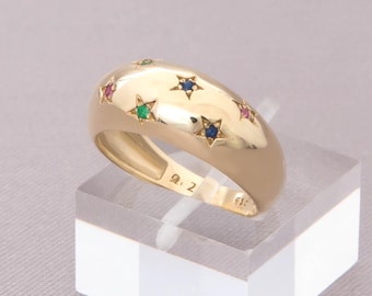 Anello Starburst in oro massiccio 14k con pietre preziose: dichiarazione della stella polare