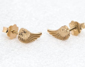 Solid Gold Angel Stud Earrings, 14k Wings of Angel Jewelry, Gold Wing Post Earrings, 14k Wearable Luxury, Divine Diamond Cut Jewelry Set