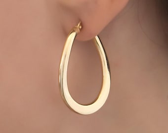 Gold Wavy Oval Hoop Earrings, Twisted Oval Hoops, Gold 14k Hoop Earrings, Hinged Oval Hoop Earrings,  Statement Earrings, Gift for Her