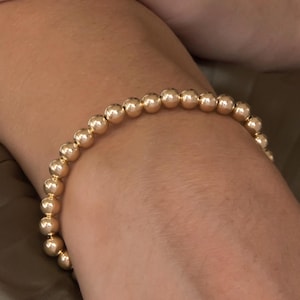 14k massief gouden 5 mm kralenarmband, gelaagde gouden balarmband, 14k kralenarmband met ketting, gouden balarmband, gouden stapelarmband