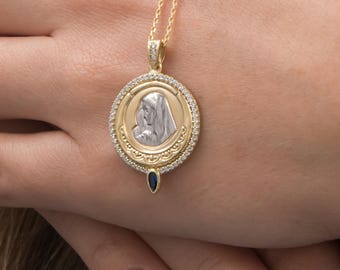 14k Gold Virgin Mary Necklace, Solid Gold 14k Holy Mary Necklace,  Religious Gold Pendant, Baptism Gold Jewelry, Solid Gold Protection Gift