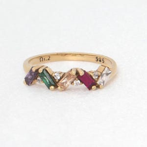 Solid Gold 5 Birthstone Baguette Ring, 14k Custom Cluster Ring, Personalized Gold Dainty Ring, Unique CZ Gold Ring, 14k Fine Birthday Gift