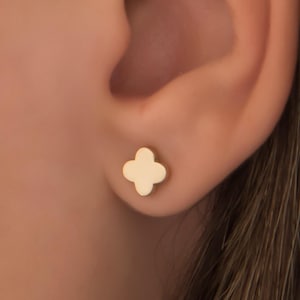 Solid Gold Cross Earrings: Clover Stud Earrings with Post