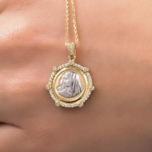 14k Gold Heilige Maria Halskette, Massivgold 14k Jungfrau Maria Halskette, Religiöser Goldanhänger, Taufe Goldschmuck, Massivgold Schutz Geschenk