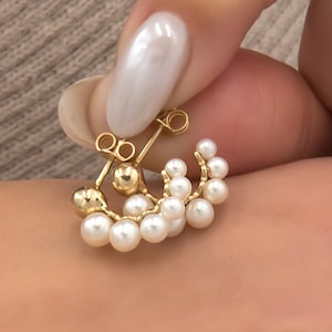 Solid Gold Pearl Hoop Earrings, Hoops with Post, 14k Pearl Huggies, Solid Gold Wedding Pearl Earrings, Gold Bridal Hoops, Bridesmaid Gift