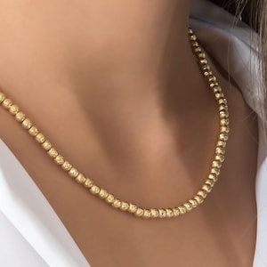 14k Solid Gold Beaded Ball Necklace: Diamond Cut Chain