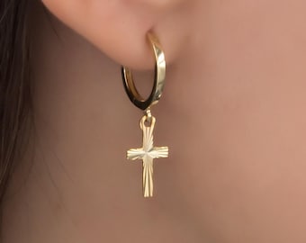 Solid Gold Hanging Cross Earrings, 14k Gold Dangle Hoops, Gold Cross Charm Earrings, Minimalist Faith Jewelry, Gold Unisex Cross Earrings,