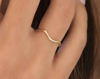 14k Solid Gold Wave Ring: Slim Stacking Band