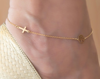 Solid Gold Tree of Life Cross Anklet, 14k Minimal Charm Anklet, Dainty Faith Anklet, Symbolic Gold Anklet for Women, Summer Jewelry fo Her