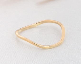 Solid Gold Wave Assymetrical Ring: Slim Stacking Wavy Band