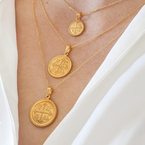 Gold Greek Christian Symbol Necklace, Solid 14k Gold Round Cross Pendant, Orthodox Coin Necklace, Baptism Gold Jewelry, Protection Gift
