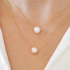 Gold Single Pearl Necklace, Solid Gold Floating Pearl Choker, Dainty Wedding Necklace, Gold Bridal Necklace, Chain with Pearl, Gift for Her