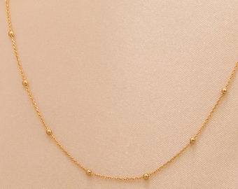 14K Gold  Beaded Choker Necklace: Dainty Satelite Station Layering Chain