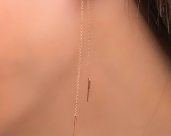 Solid Gold Threader Earrings: Dainty Chain Bar Drop Earrings