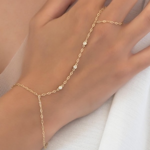 Diamond Hand Chain Bracelet, Solid Gold Dainty Finger Bracelet, Minimalist Slave Bracelet, Boho Bridal Jewelry, Bridesmaid Gift, Body Chain