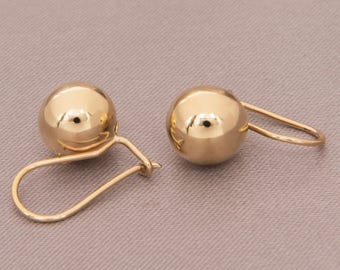 14k Solid Gold Dangling Ball Earrings, Classic Gold Ball 10mm Drop Earrings, Statement Sphere Earrings, Gold Drop Earrings, Mother Gift