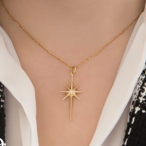 North Star Necklace, 14k Solid Gold Celestial North Star Diamond Necklace for Women, Handmade Diamond Northstar Pendant Starburst Necklace