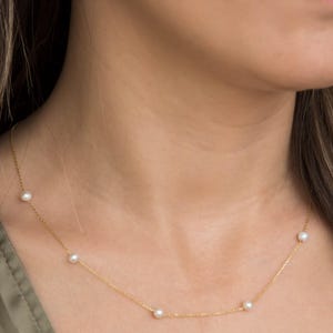 14k Solid Gold Station Pearl Necklace, Pearl By The Yard Bridal Necklace, Floating Pearl Chain, Gold Wedding Necklace, Bridesmaid Gift