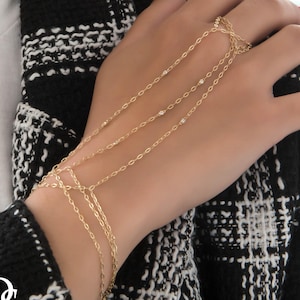Diamond Ring Hand Chain Bracelet, Dainty Finger Bracelet, Minimalist Slave Bracelet, Gold 14k Chain Hand, Boho Bridal Jewelry, Hand Bracelet