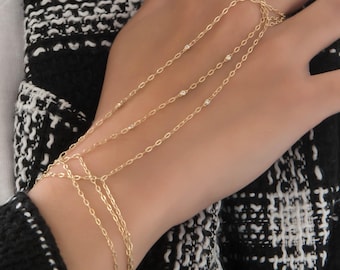 Diamond Ring Hand Chain Bracelet, Dainty Finger Bracelet, Minimalist Slave Bracelet, Gold 14k Chain Hand, Boho Bridal Jewelry, Hand Bracelet