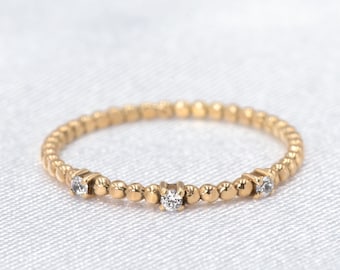 Anillo de oro macizo de 14k con diamantes naturales engastados: Anillo apilable fino de estilo burbuja con diseño de eternidad completa.