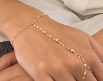 Bezel-Set Diamond Hand Chain Bracelet: 14k Solid Gold Finger Bracelet
