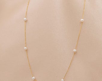 ソリッドゴールドパールステーションネックレス、クラシックパール 