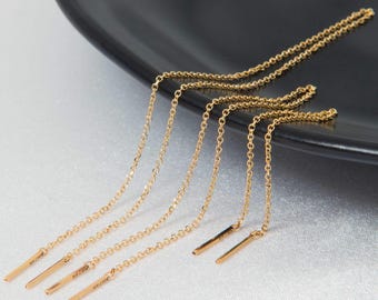 Gold Threader Earrings: Dainty Chain Drop with Double Bar, Pull Through Dangling Earring