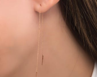 Pendientes de oro macizo con forma de enhebrador: delicados pendientes colgantes con barra de cadena